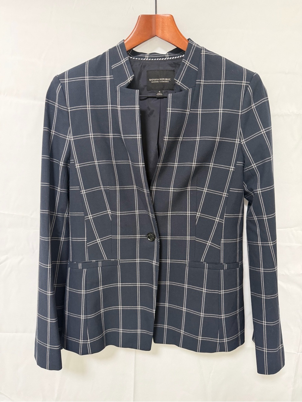 Banana Republic Navy Windowpane Single-Button Blazer
